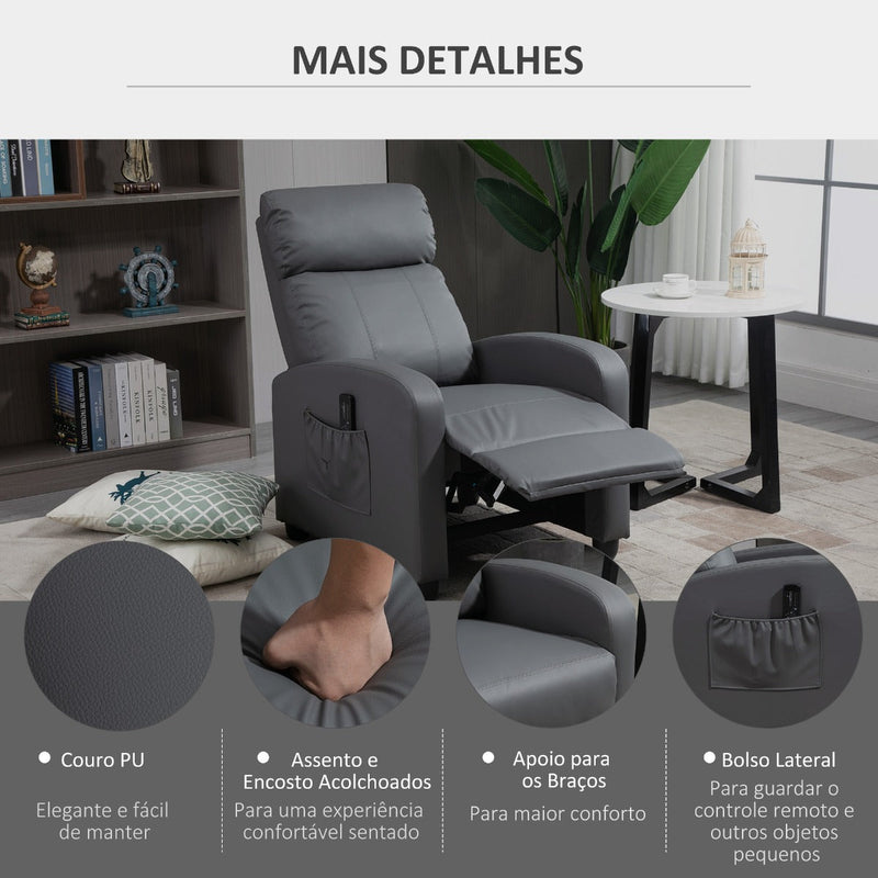 Poltrona de Massagem Poltrona Relax Reinclinável com Controle Remoto 2 Zonas de Massagem 8 Programas 5 Níveis de Intensidade Estofado em PU 68x88x98cm Cinza