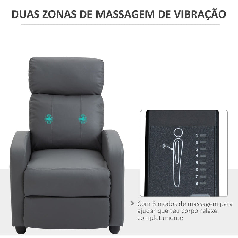 Poltrona de Massagem Poltrona Relax Reinclinável com Controle Remoto 2 Zonas de Massagem 8 Programas 5 Níveis de Intensidade Estofado em PU 68x88x98cm Cinza