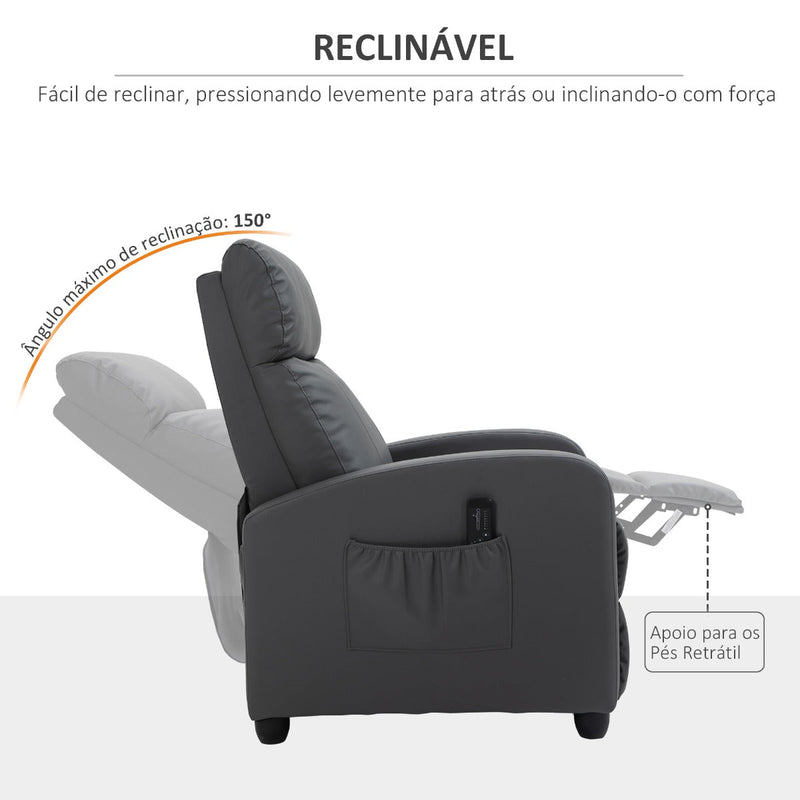 Poltrona de Massagem Poltrona Relax Reinclinável com Controle Remoto 2 Zonas de Massagem 8 Programas 5 Níveis de Intensidade Estofado em PU 68x88x98cm Cinza