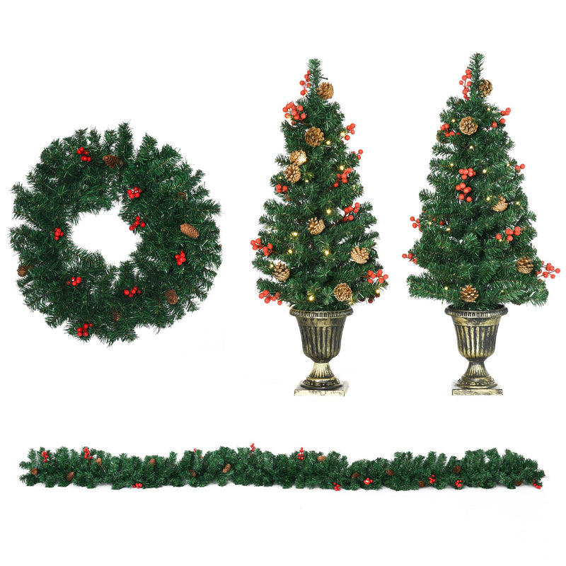 Conjunto de Decoração de Natal 4 Peças Decoração de Natal com 2 Árvores de Natal Coroa e Grinalda com Luzes LED Branca e Bagas Vermelhas 40x40x90cm Verde