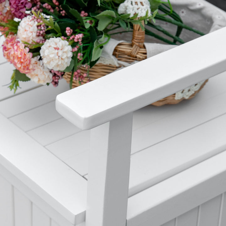 Banco de Madeira Exterior de 2 Lugares com Espaço de Armazenamento e Tecido Oxford Banco Baú de Jardim Terraço com Apoio para os Braços Carga 250kg 125x68,5x97 Branco