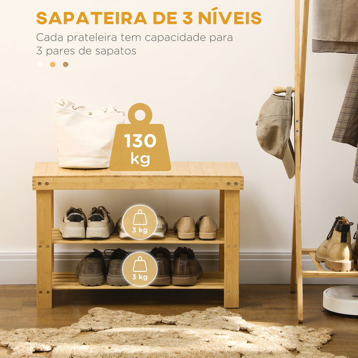 Banco Sapateira de Bambu Sapateira com Assento Organizador de Sapatos com 2 Prateleiras para 6-9 Pares de Sapatos para Entrada Sala de Estar Dormitório 70x28x45 cm Madeira
