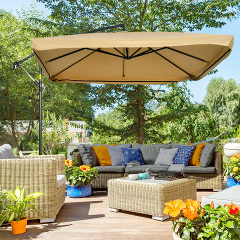 Chapéu de Sol de Jardim 296x296x265cm Chapéu de Sol Excêntrico com Rede Mosquiteira manivela Base Cruzada e Suporte de Aço para varanda Pátio Exterior Bege