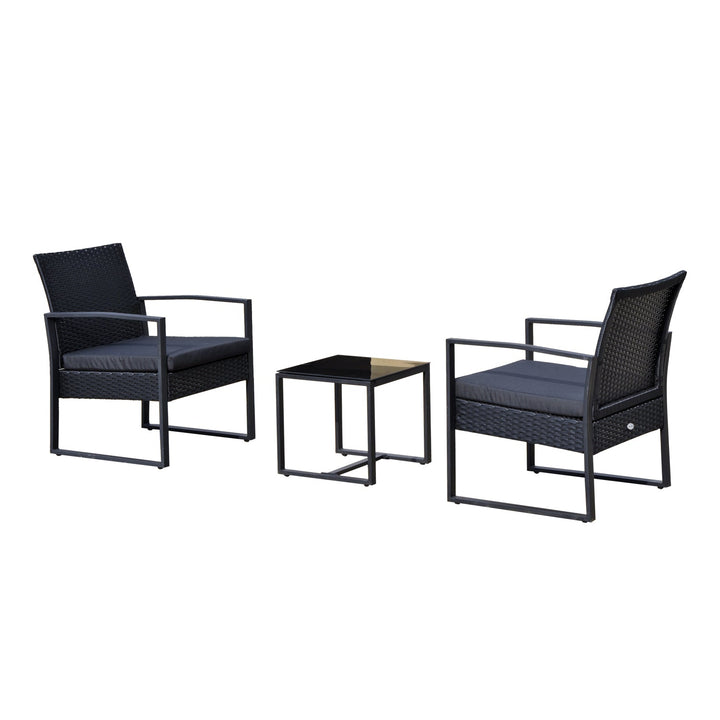 Conjunto de Móveis de Jardim de Vime 3 Peças com 1 Mesa 42,5x40x39 cm 2 Poltronas 63x57x76 cm Almofada Acolchoada para Pátio Varanda Preto