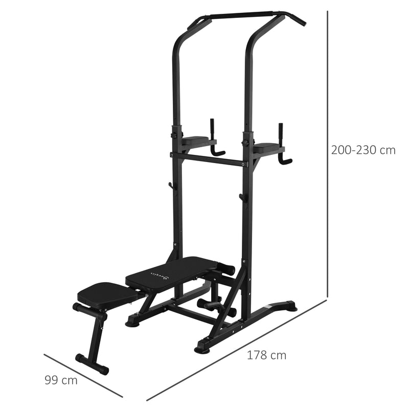 Estação de Musculação Torre de Treinamento Altura Ajustável com Barra de Flexões e Banco Dobrável para Fitness em Casa Academia Carga 150kg 99x178x230cm Preto