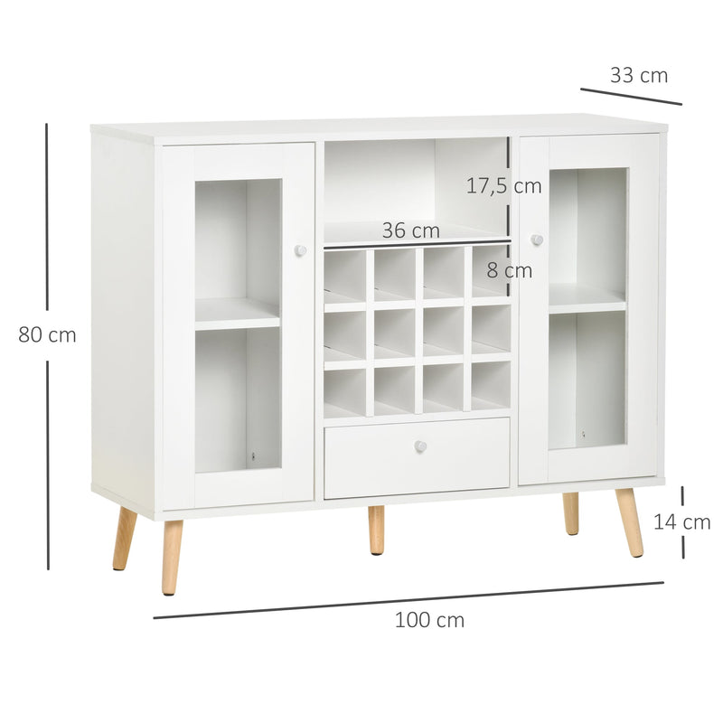 Aparador de Cozinha Armário de Armazenamento com 12 suportes para Garrafas e 3 Estantes Portas de vidro 100x30x80cm Branco