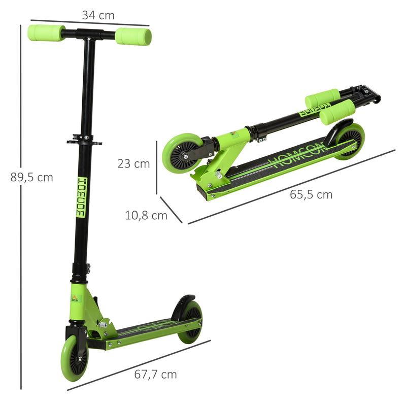 Trotinete para Crianças acima de 3 Anos Dobrável Scooter de 2 Rodas com Guiador Altura Ajustável Freio Posterior e Pedal Antiderrapante Carga 50kg 67,7x34x79,5-89,5cm Verde