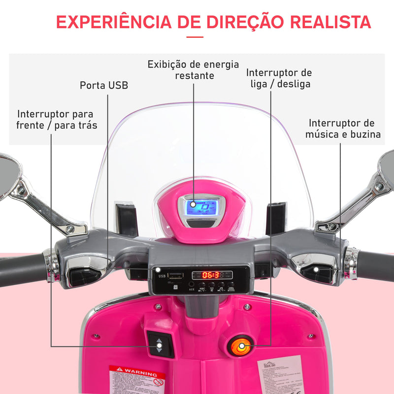 Mota elétrica Vespa para crianças acima de 3 anos com Faróis Música e 2 Rodas Auxiliares 108x49x75 cm Rosa