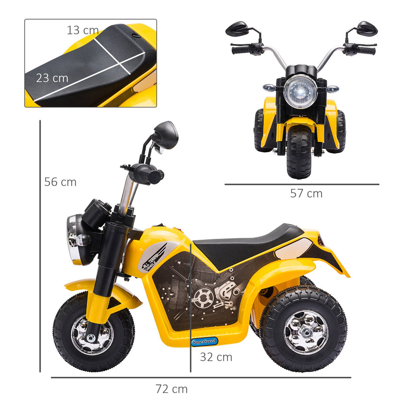 Motocicleta Elétrica Infantil com 3 Rodas Triciclo a Bateria 6V para Crianças de 18-36 Meses com Farol Buzina 72x57x56cm Amarelo