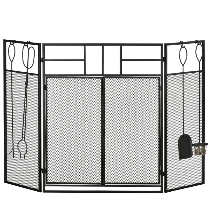 Frente para Lareira Dobrável Proteção para Lareira de 3 Painéis com Dupla Porta 4 Ferramentas e Gancho Estrutura de Metal 122x2x79cm Preto