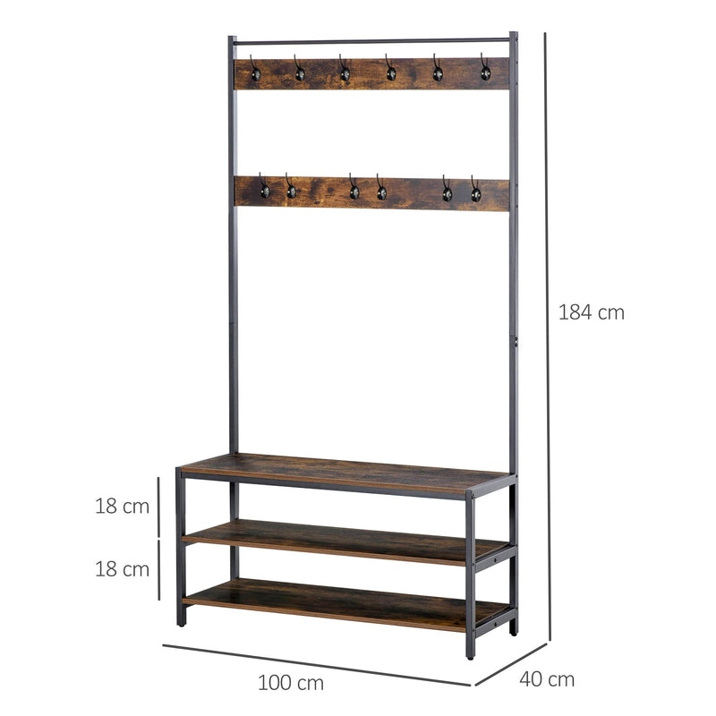 Cabide com 12 ganchos Banco estilo industrial com 3 prateleiras Estrutura metálica 100x40x184 cm Castanho Rústico e Preto