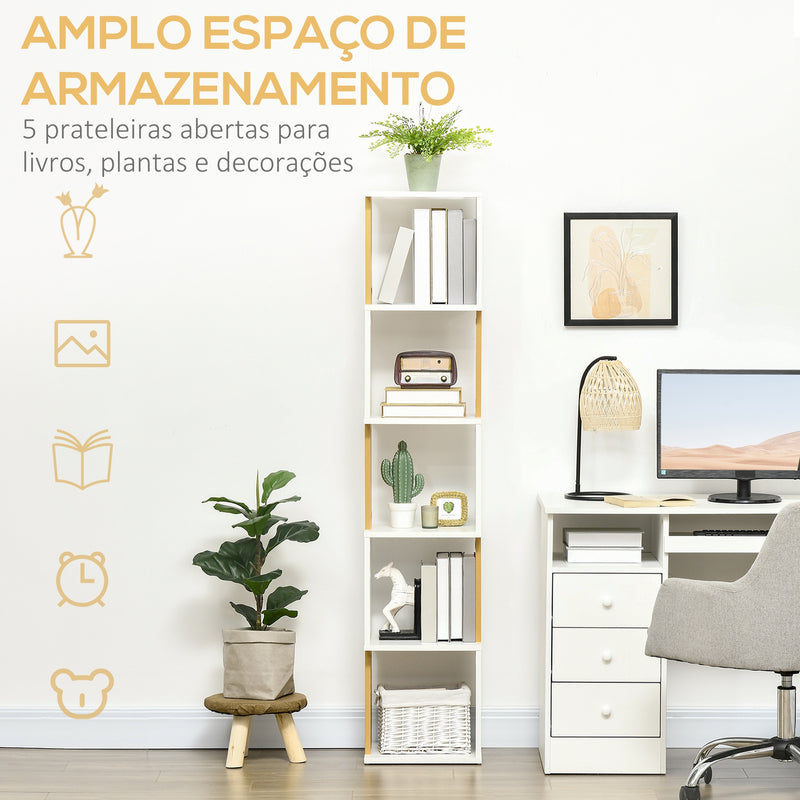 Estante de Livros em Forma de S Estante com 5 Prateleiras Abertas para Sala de Estar Escritório Estúdio Anti-Tombo Carga Máxima 100kg 33x28x161cm Branco