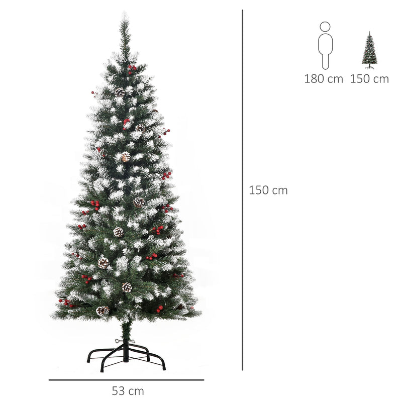 Árvore de Natal Artificial 150cm Ignífugo com 408 Ramos 28 Bagas 24 Pinhas Folhas de PVC e Suporte Metálico Decoração de Natal para Interiores Verde