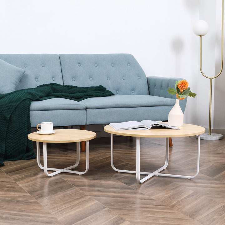 Conjunto de 2 Mesas de Centro Ø65x32cm e Ø45x26cm Mesas de Sala de Estar Redondas com Bancada de Madeira e Pés de Metal para Dormitório Madeira e Branco