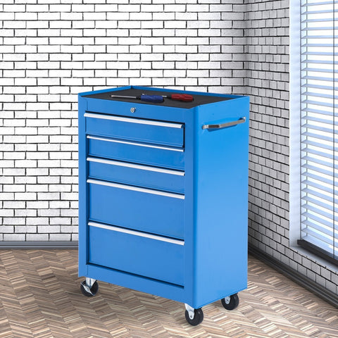 Carrinho de Ferramentas de Aço com 5 gavetas e 4 rodas Azul 61,5x33x85 cm