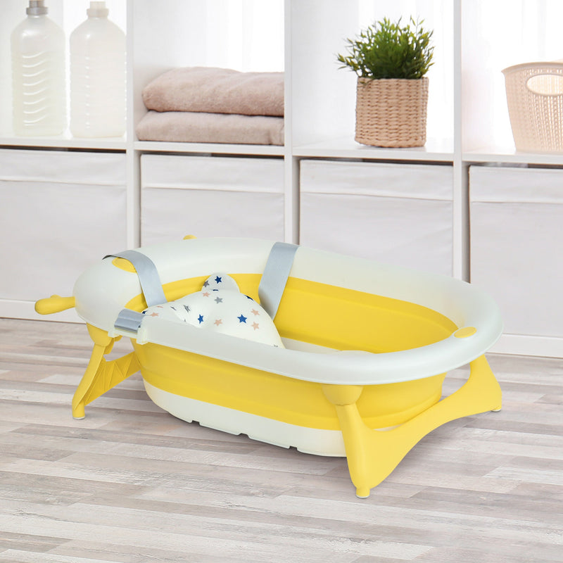 Banheira para Bebé Recém Nascido até 3 Anos Dobrável 30 Litros com Tampa Termossensível e Almofada Confortável Almofadas Antiderrapantes 81,5x50,5x23,5cm Amarelo e Branco