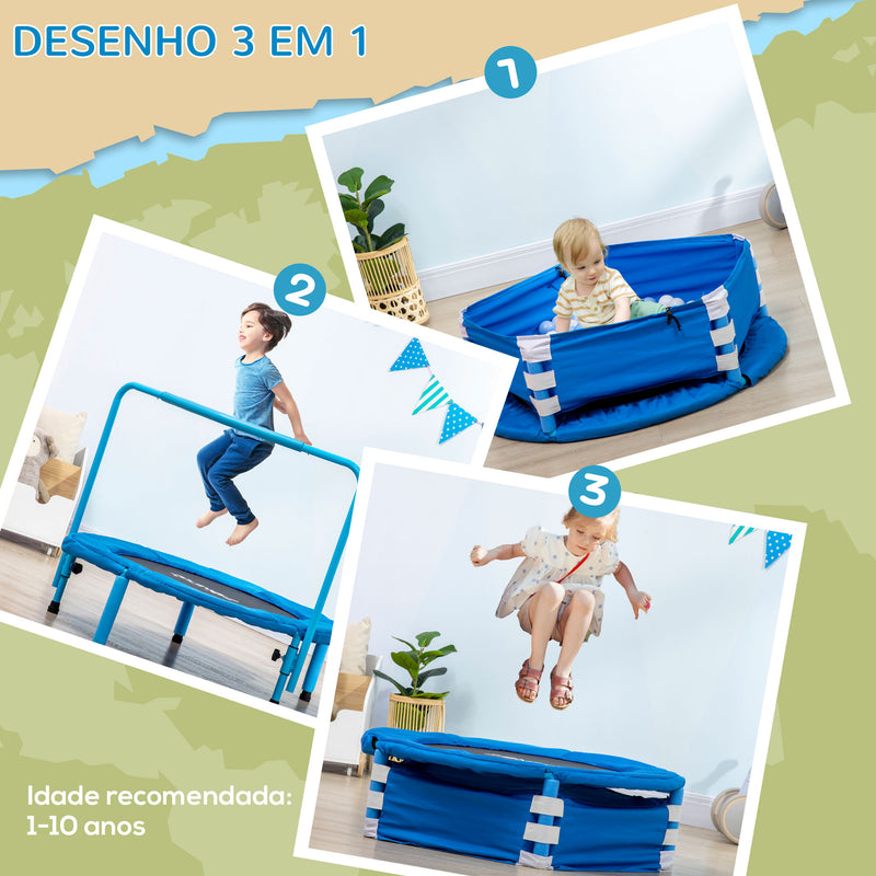 Trampolim Infantil 3 em 1 Trampolim para Crianças de 1-6 Anos com Corrimão Amovível Mini Trampolim para Interior Ø96x74cm Azul