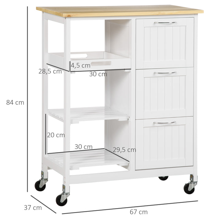 Carrinho de Cozinha com Rodas Carrinho de Serviço com 3 Gavetas 3 Prateleiras Abertas e Bandeja Removível para Sala de Jantar Carga Máxima 40kg 67x37x84cm Branco