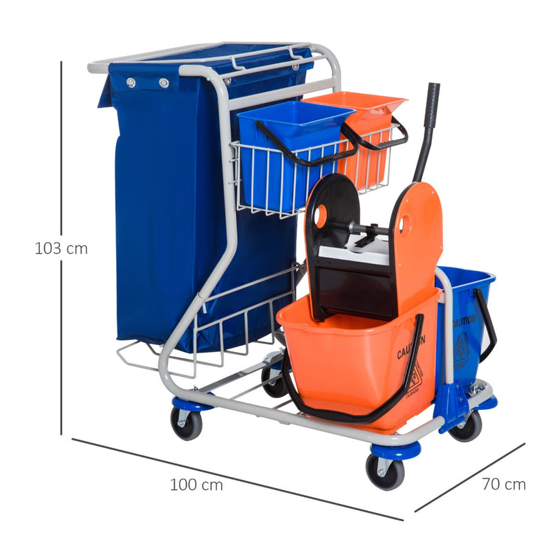 Carro de Limpeza Profissional com Balde Duplo Removível de 18 Litros Escorredor 2 Baldes Auxiliares e Bolsa de Lixo 100x70x103cm Azul e Laranja