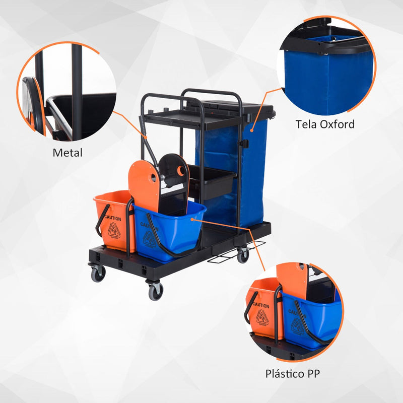 Carro de Limpeza Professional com Escorredor de Alavanca com 3 Prateleiras e 2 Baldes de 18L Bolsa com Tampa Rodas 111x63,3x103cm Preto Azul e Laranja