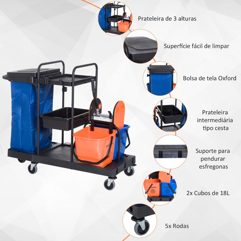 Carro de Limpeza Professional com Escorredor de Alavanca com 3 Prateleiras e 2 Baldes de 18L Bolsa com Tampa Rodas 111x63,3x103cm Preto Azul e Laranja