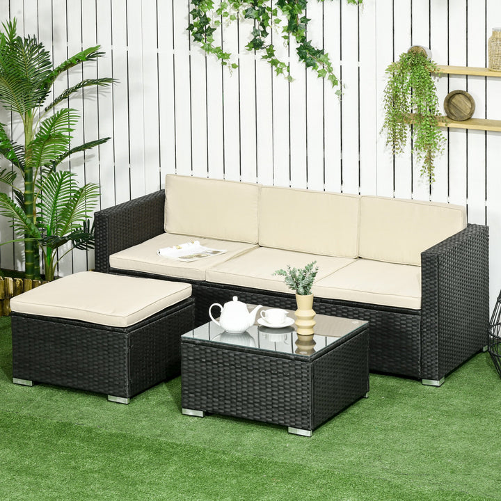 Conjunto de Móveis de Vime de Jardim 3 Peças Conjunto de Móveis de Vime Exterior Sofá de 3 Lugares com Almofadas Acolchoadas Mesa de Centro com Bancada de Vidro Temperado e Banco Preto e Bege