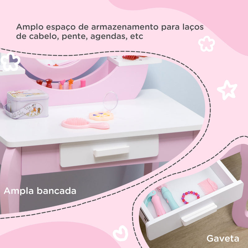 Toucador Infantil com Banco e Espelho Toucador Infantil de Madeira com Gaveta Mesa de Maquilhagem para Crianças entre 3-6 Anos 65,5x46x93cm Rosa