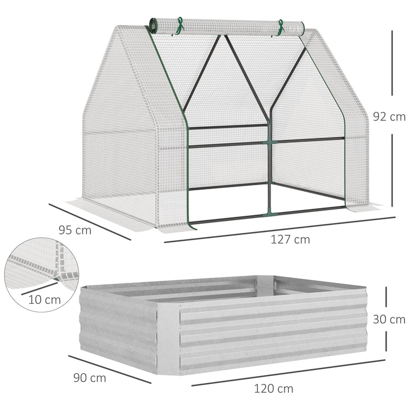 Estufa de Jardim Pequeno Tipo Casa com Caixa de Plantio de Aço Interior Janela Enrolável e Cobertura de PE 40g/m² para Cultivos de Plantas Flores 127x95x92cm Branco