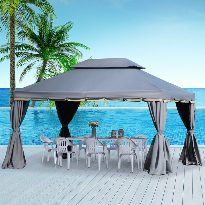 Pérgola de Jardim 4x3m Pérgola de Alumínio com Teto de Ventilação 4 Cortinas Laterais Tela Mosquiteira e 8 Orifícios de Drenagem para Exterior Pátio Festas Cinza