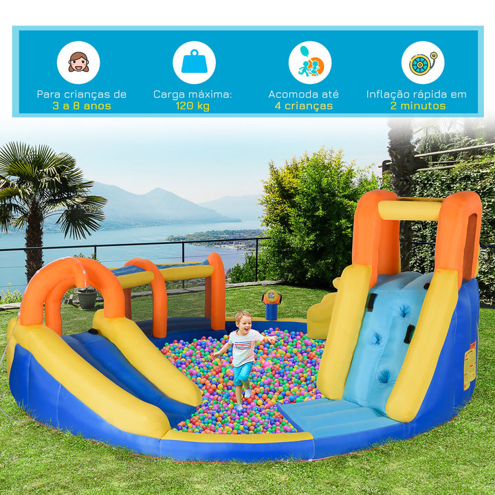 Castelo Insuflável com Escorrega Castelo para Crianças de 3-8 Anos com Cesta de Basquetebol Piscina Insuflador de 750W e Bolsa de Transporte 435x435x200cm Multicolorido