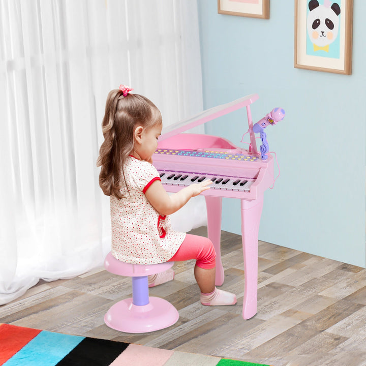 Piano infantil 37 Teclas com Microfone Banquinho Luzes e 22 Canções USB/MP3