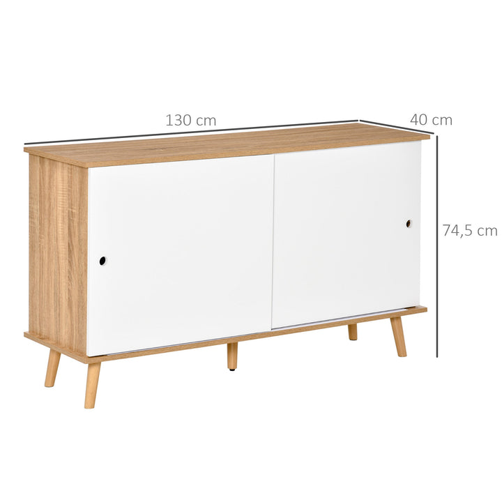 Móvel Aparador tipo Buffet para Sala de Jantar Cozinha com 2 Portas Corredeiras Prateleiras Interior Ajustáveis e Pés de Madeira 130x40x74,5cm Natural e Branco