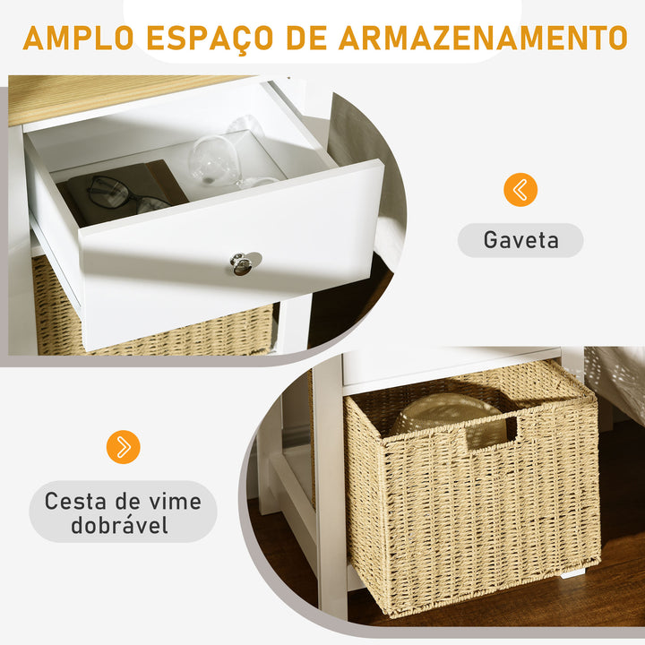 Mesa de Cabeceira Moderna Mesa de Cabeceira com Gaveta de Armazenamento e Cesto de Vime Dobrável para Sala de Estar Dormitório 49x39x64 cm Branco e Madeira