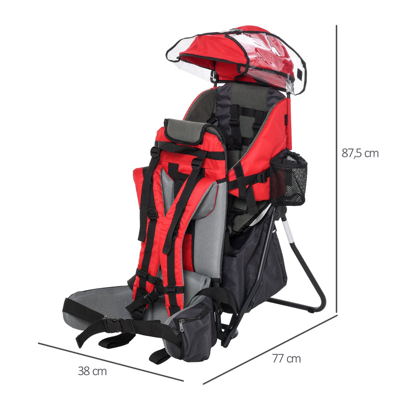 Mochila Porta Bebés Dobrável Mochila Porta Bebés Ergonómica com Capa Impermeável Base de Suporte e Múltiplos Bolsos para 6-36 Meses Carga Máxima 15kg 38x77x87,5cm Vermelho