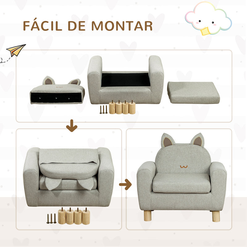 Poltrona Infantil Mini Sofá para Crianças acima de 3 Anos com Assento Acolchoado Apoio para os Braços e Estrutura de Madeira Carga Máxima 45kg 60x42x50cm Cinza