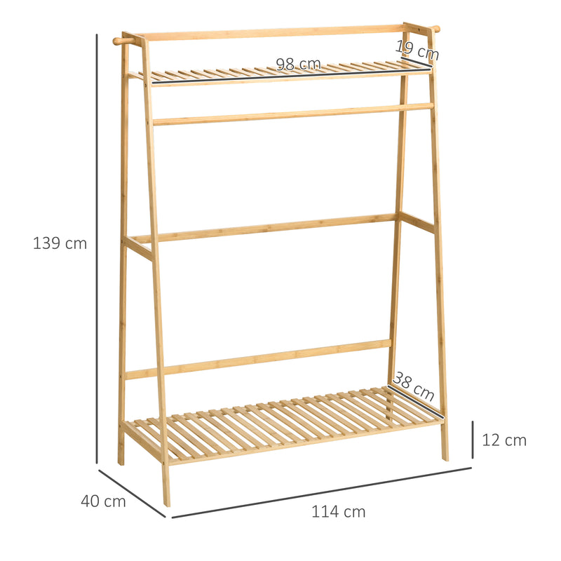 Suporte para Cabide de Bambu para Roupa com 2 Prateleiras de Armazenamento 2 Ganchos Laterais e Barra Suspensa para Entrada Dormitório Escritório 114x40x139 cm Madeira