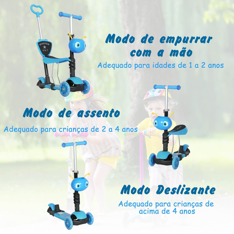 trotinete 5 em 1 para crianças de acima de1 ano trotinete de 3 rodas com assento removível guiador ajustável 62x25x72,5 cm Azul