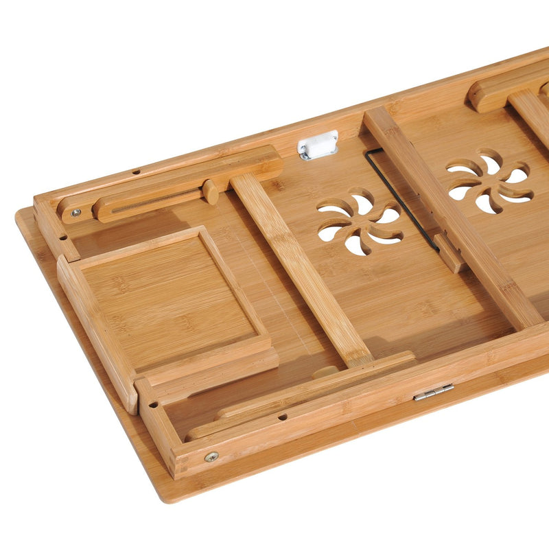 Mesa de Computador Portátil Bandeja de cama de bambu Dobrável Reclinável Altura Ajustável Apoio Mesa colo 1 Gaveta 72x35x22-30 cm