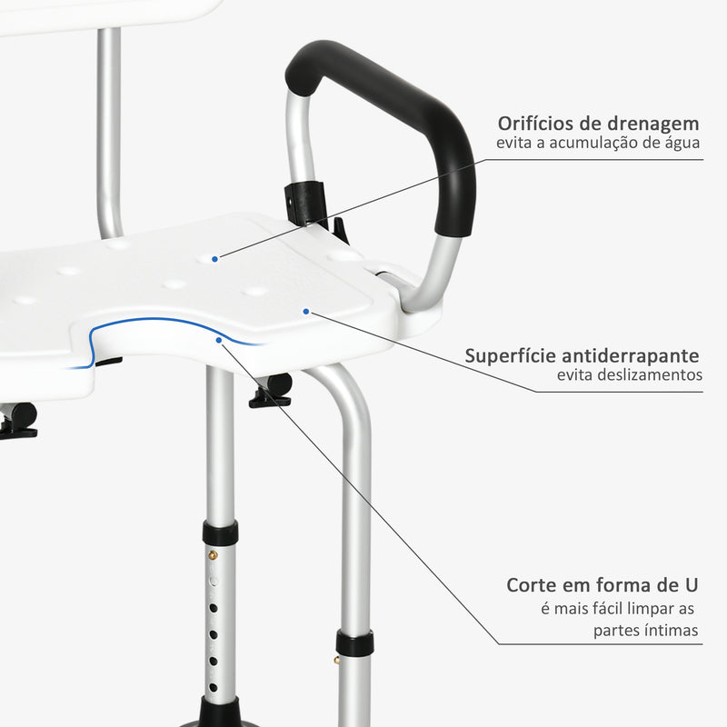 Cadeira para Duche de Liga de Alumínio Cadeira de Duche Antiderrapante com Altura Ajustável de 6 Níveis e Apoio para os Braços Regulável para Idosos 54x52x70-82cm Branco