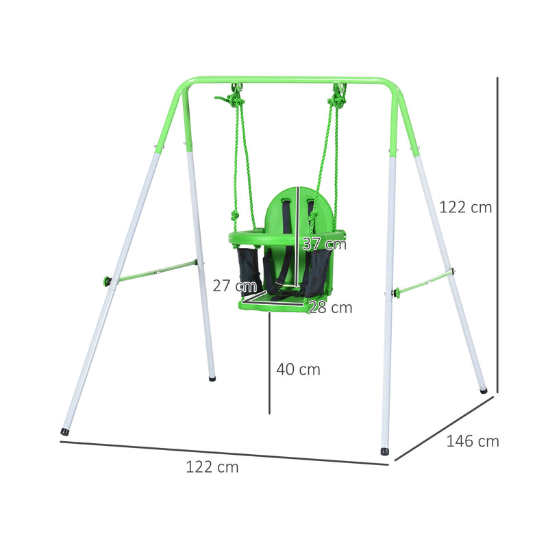 Baloiço Infantil de Aço Baloiço para Crianças de 6-36 Meses com Encosto Alto e Arnês de Segurança para Interior e Exterior Carga Máxima 25 kg 122x146x122 cm Verde