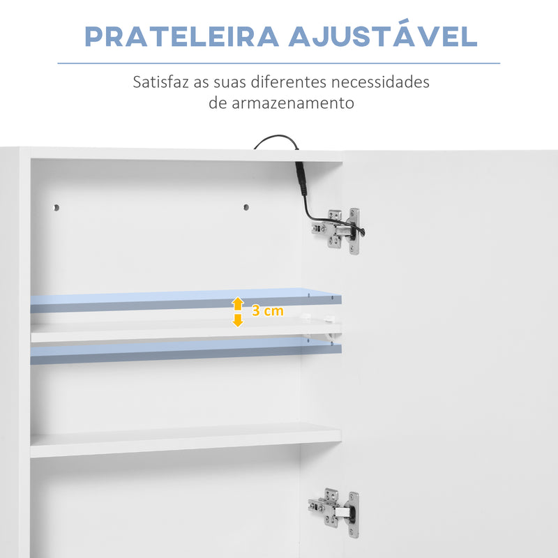 Armário Casa de Banho com Espelho e Luz LED Armário com Espelho com 2 Prateleiras de Armazenamento e Interruptor Tátil 550x15x60 cm Branco