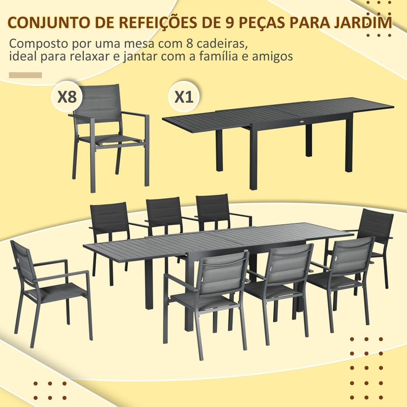 Conjunto Móveis de Jardim 9 Peças Conjunto de Refeição para Varanda com Mesa Extensível 8 Cadeiras Empilháveis Estrutura de Alumínio e Assento de Textilene 135-270x89x74cm Cinza