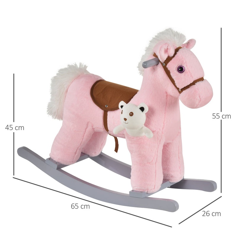 Cavalo Baloiço para Crianças de 18-36 Meses Cavalo de Balançar com Ursinho de Pelúcia Sons de Relinchos e Galopes base de Madeira 65x26x55cm Rosa