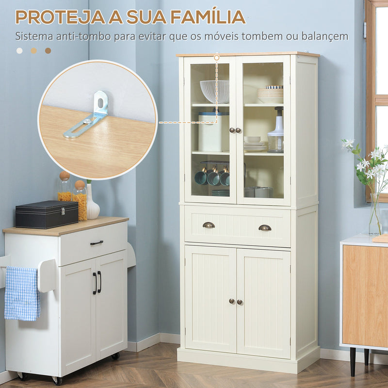 Armário de Cozinha com 2 Portas de Vidro 1 Gaveta e Prateleira Ajustável Móvel Auxiliar de Cozinha Anti-Tombo 76x40x182,5cm Creme