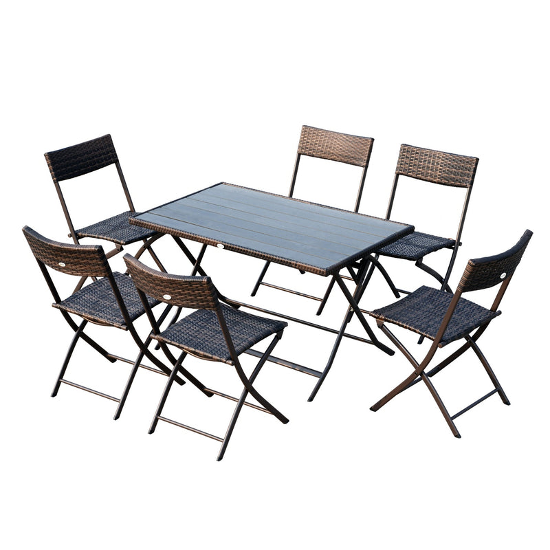 Conjunto de Mesa Cadeiras Móveis Dobrável Vime para Jardim Exterior Pátio Terraço 7 Pcs Aço - Cor Castanho - 61x46x84cm