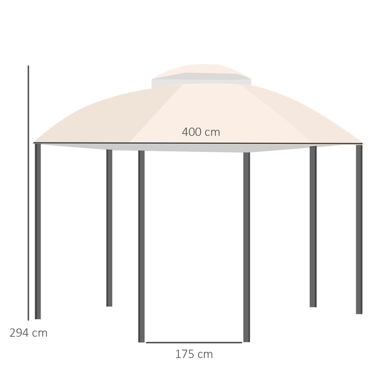 Pérgola de Jardim Hexagonal 4x4m Pérgola de Exterior com Teto Duplo de Ventilação 6 Cortinas Laterais 6 Telas Mosquiteiras com Zíper para Festas Pátio Cáqui