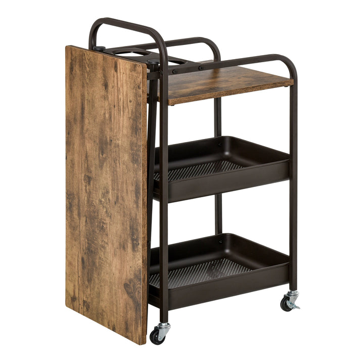 Carrinho de Cozinha com Rodas Carrinho Auxiliar com Prateleiras de 3 Níveis Bancada Dobrável e 2 Porta-Copos para Sala de Jantar 118x36,5x82cm Marrom Rústico
