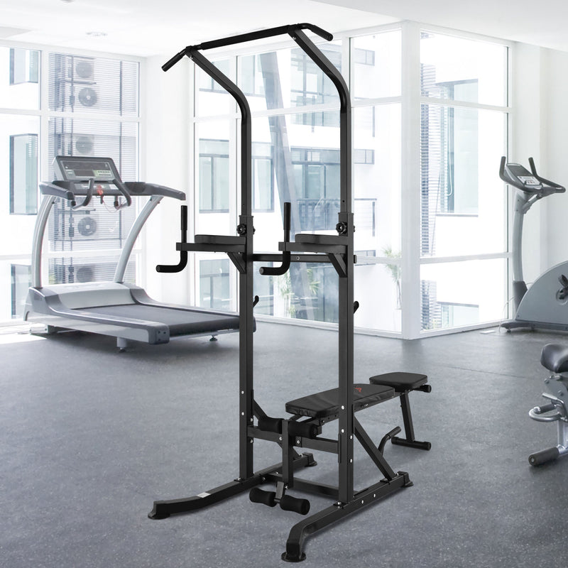 Estação de Musculação Torre de Treinamento Altura Ajustável com Barra de Flexões e Banco Dobrável para Fitness em Casa Academia Carga 150kg 99x178x230cm Preto