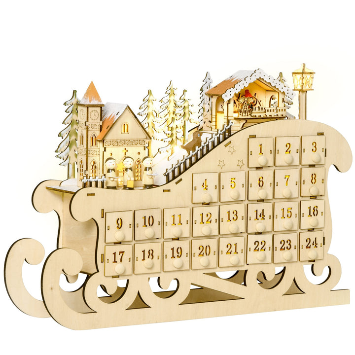 Calendário de Advento de Natal com Luzes LED e 24 Gavetas Decoração de Natal Modelo de Trenó 45x10x31cm Madeira Natural