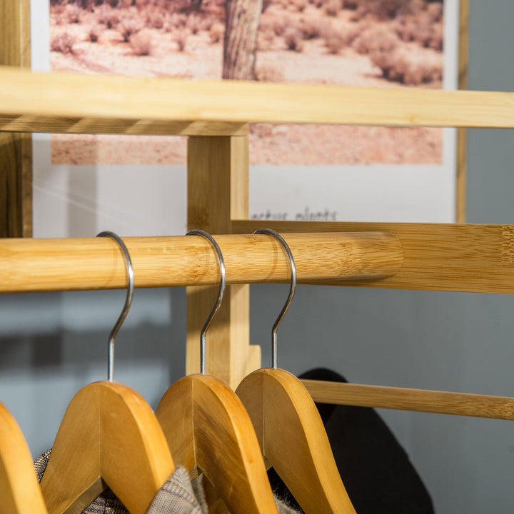 Charriot de Bambú Charriot de Pé com Prateleiras de 4 Níveis com Barra Prateleira Inferior e Cabide Lateral para Roupas Bolsas Dormitório 90x30x155cm Natural